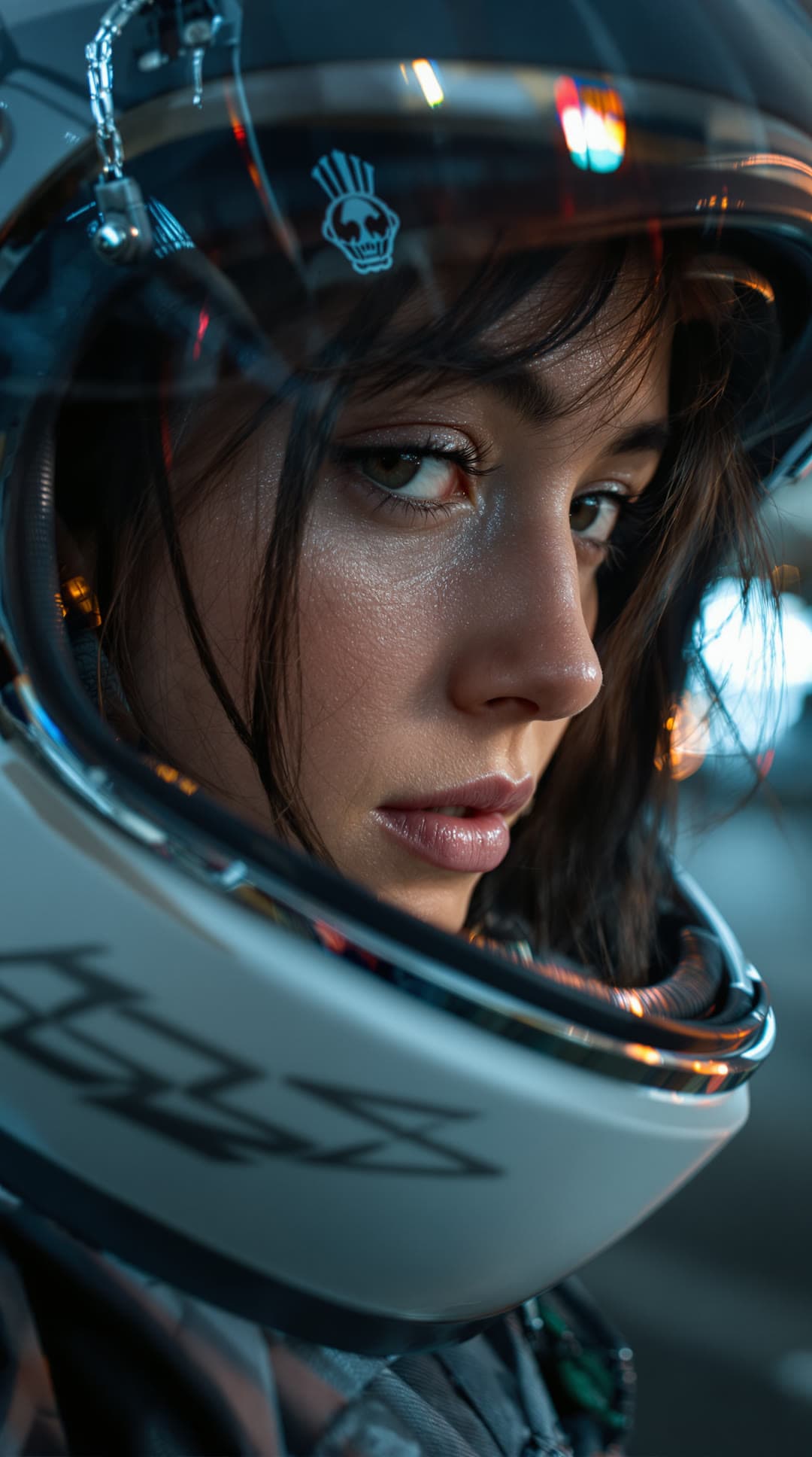Retrato con casco de carreras y reflejos de colores