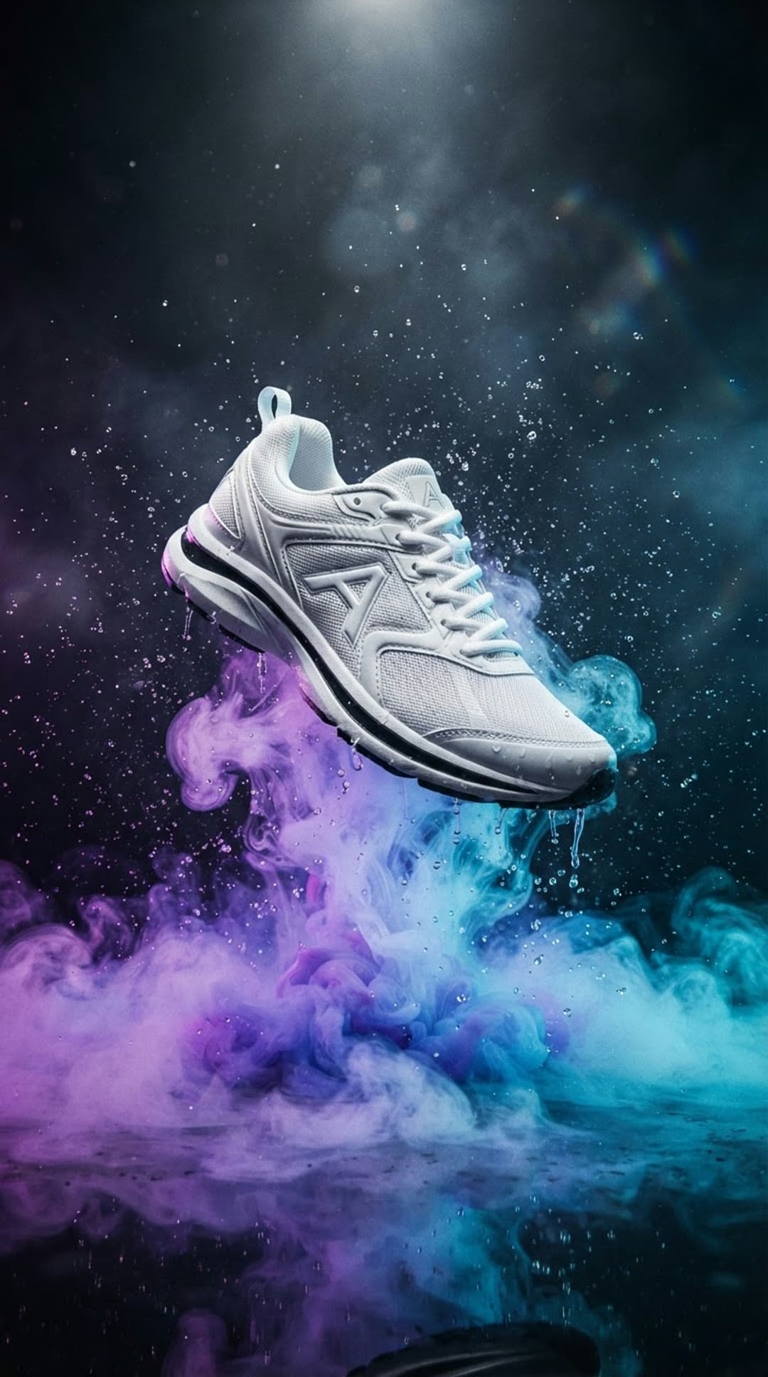 Una zapatilla flotando sobre humo de colores